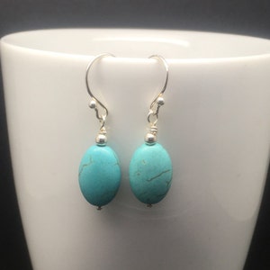 Sterling Silver Turquoise Oval Dangle Earrings, Blue Gemstone Jewellery, Turquoise Jewelry Gift For Her