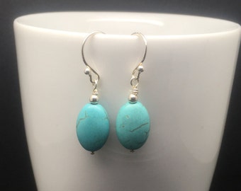 Sterling Silver Turquoise Oval Dangle Earrings, Blue Gemstone Jewellery, Turquoise Jewelry Gift For Her