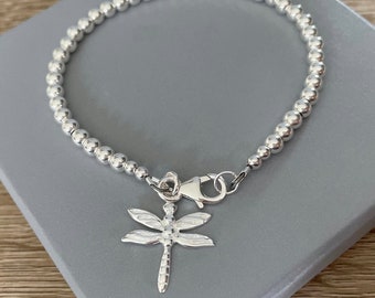 Sterling Silver Dragonfly Charm Beaded Ball Bracelet, 925 Silver Jewellery Gift For Her