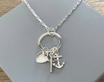 Faith Hope and Love Necklace, Sterling Silver Circle Pendant,  Heart Cross and Anchor Charms