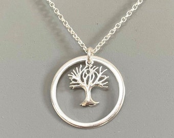 Tree of Life Circle Necklace, Sterling Silver Pendant,