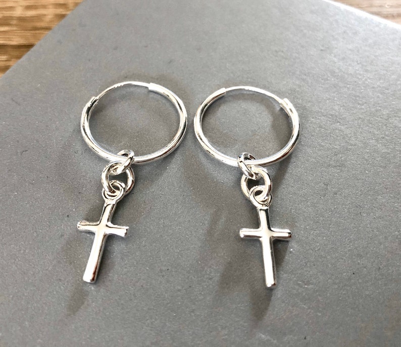 Sterling Silver Hoop Cross Charm Earrings Silver Hoops Etsy UK