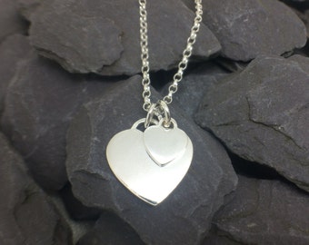 Double Heart Sterling Silver Necklace, Mother and Daughter Pendant