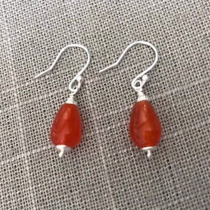 Orange Chalcedony Sterling Silver Earrings, Teardrop Stone Earrings,
