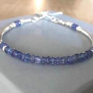 Sterling Silver Tanzanite Noodle Bracelet, Adjustable Slider Clasp Bracelet, December Birthstone, 24th Wedding Anniversary Gift