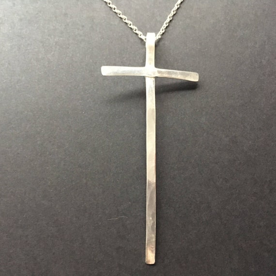 Long Hammered Sterling Silver Large Cross Necklace, Hammer