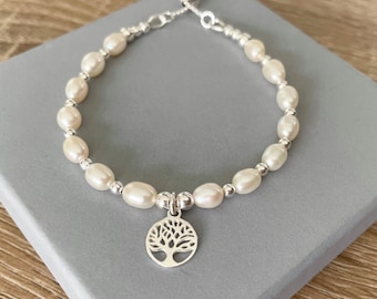 Pearl Tree of Life Friendship Bracelet, Sterling Silver Adjustable Slider Clasp Charm Bracelet