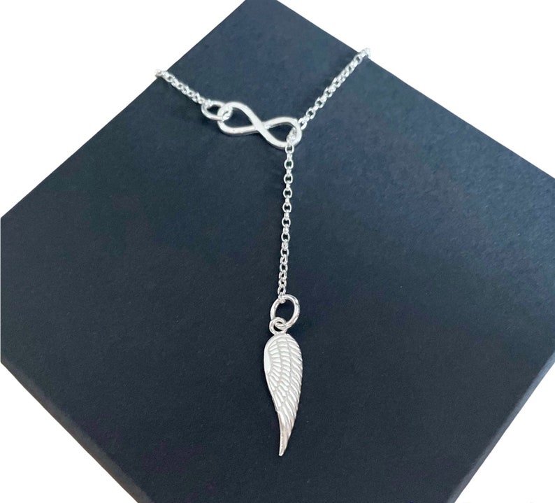 infinity Angel Wing Lariat 'Y' Necklace, Sterling Silver, Angel Wing Charm Infinity Pendant, image 2