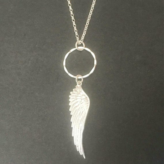 【wingbling】heymy necklace Sterling Silver Angel Wing Necklace, Hammer Textured Circle