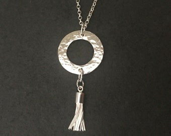 Sterling Silver Hammered Circle Tassel Necklace, 925 Silver Hammer Textured Washer Pendant, Beaten Silver Jewellery Gift, On Trend Jewelry