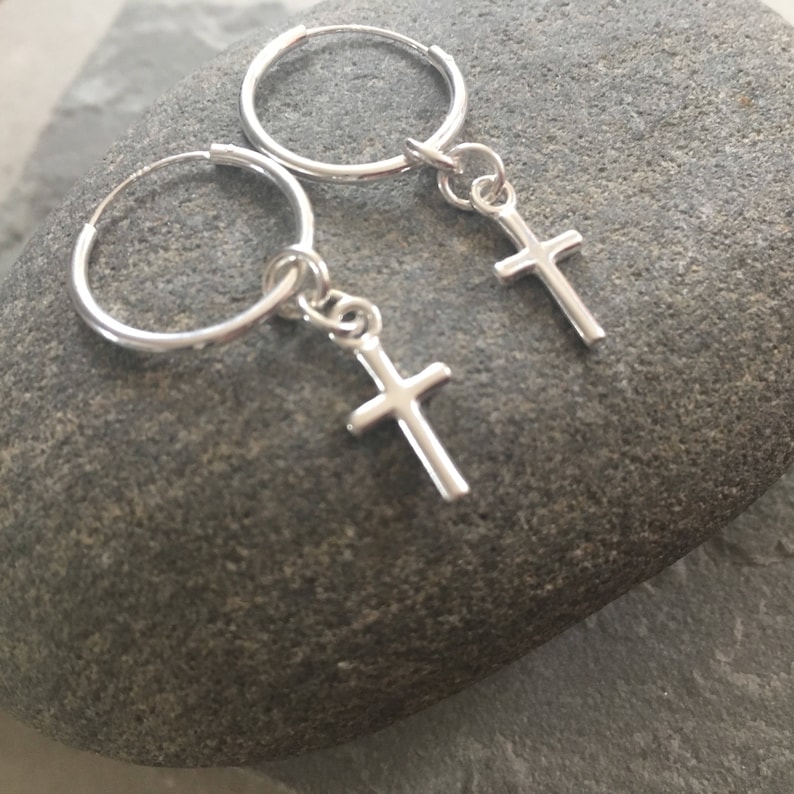 Sterling Silver Hoop Cross Charm Earrings Silver Hoops Etsy UK