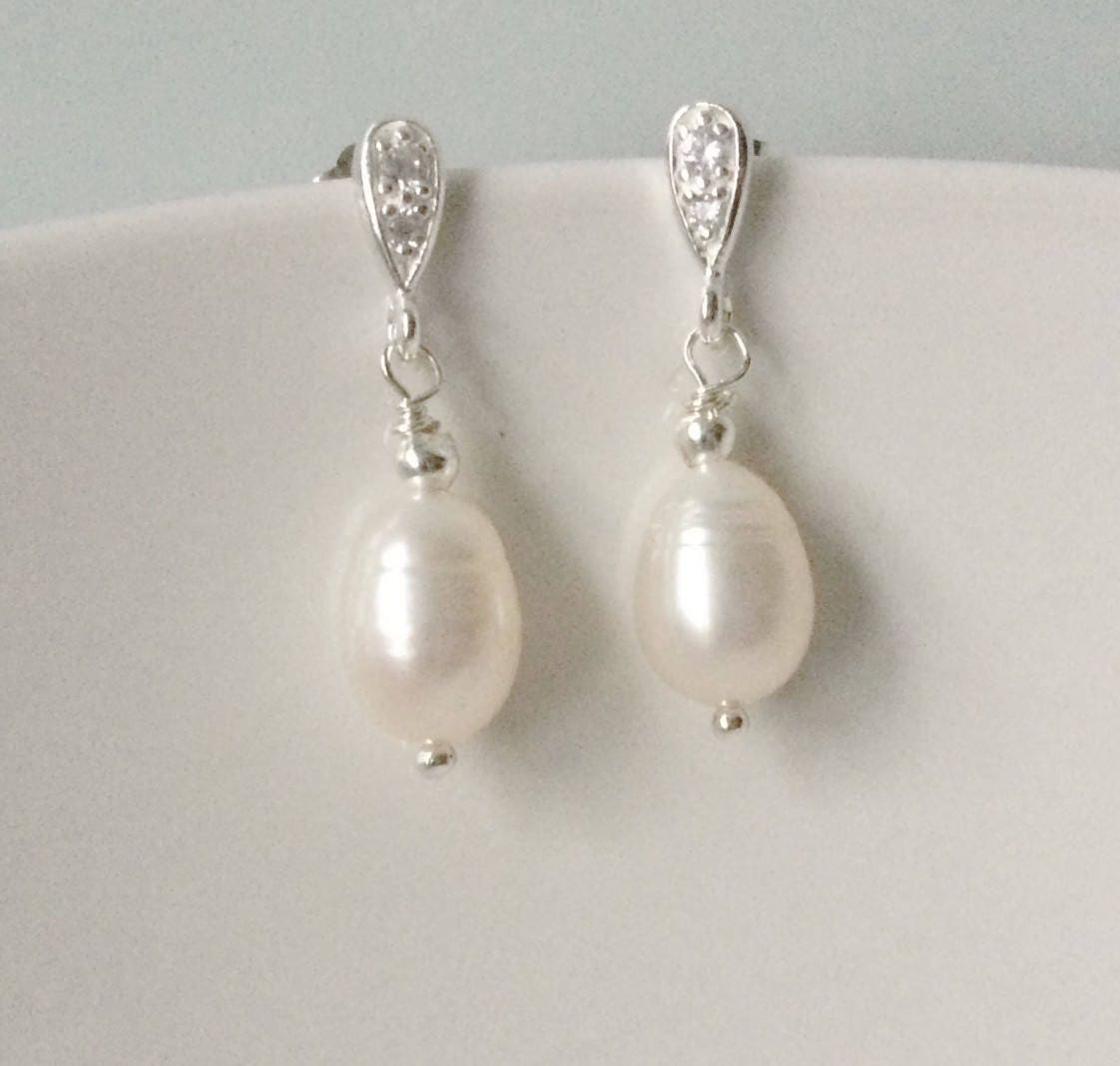 Sterling Silver White Pearl CZ Stud Dangle Earrings, Cubic