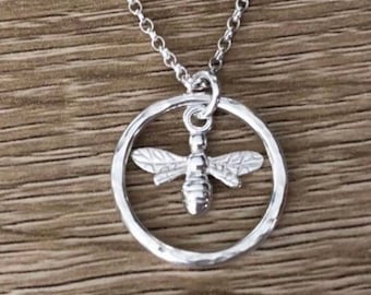 Sterling Silver Bee Circle Necklace, Circle of Life Pendant