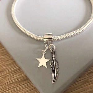 Sterling Silver Feather & Star Charm Bracelet - Personalized Initial