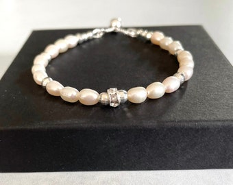 White Pearl Slider Clasp Bracelet, Sterling Silver Adjustable Beaded Cubic Zirconia Bridal Jewellery