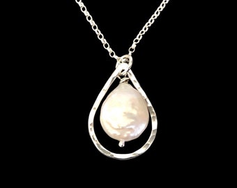 Sterling Silver Pearl Necklace, Hammer Textured Teardrop Pendant, White Pearl Bridal Jewellery,