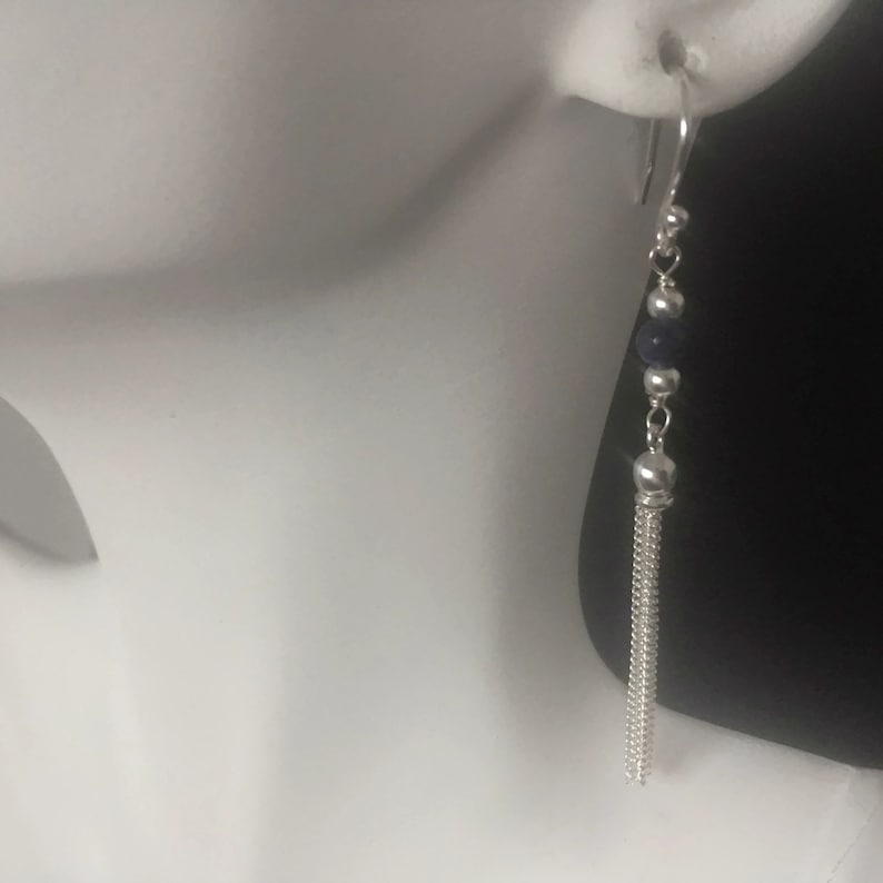 Blue Sapphire Sterling Silver Tassel Earrings September Birthstone Jewelry Sapphire Jewellery Gift 925 Silver Long Tassel Earrings