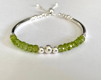 Green Peridot Sterling Silver Noodle Bracelet, Adjustable Slider Clasp Bangle,