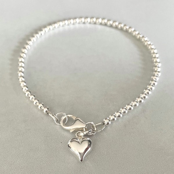 Sterling Silver Beaded Heart Charm Bracelet, Dainty Stack Ball Bracelet