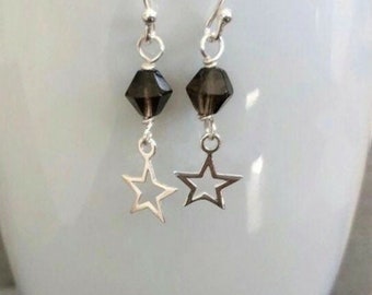Smoky Quartz Star Charm Earrings, Sterling Silver Brown Gemstone Earrings, Jewellery Gift for Her