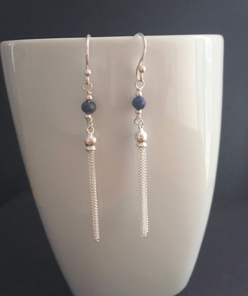 Blue Sapphire Sterling Silver Tassel Earrings 925 Silver Long Etsy UK