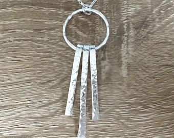 Sterling Silver Circle Tassel Necklace, Textured Silver Tassel Pendant, 925 Silver Jewellery Gift for Her, Modern Pendant