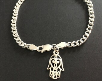 Sterling Silver Hamsa Hand Bracelet, 925 Silver Hand of Fatima Charm Bracelet