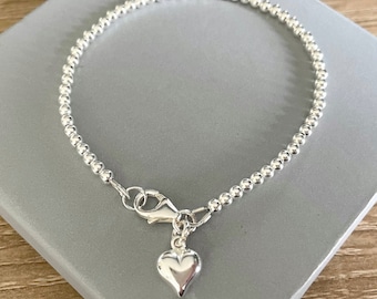 Sterling Silver Beaded Bracelet: Dainty Heart Charm, Stackable Ball Design