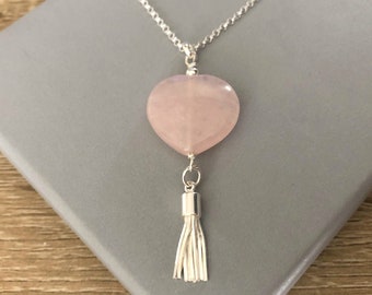 Rose Quartz Heart Tassel Necklace, Sterling Silver Pink Stone Pendant, Jewellery Gift for Her, Gift for Wife, Friend Gift