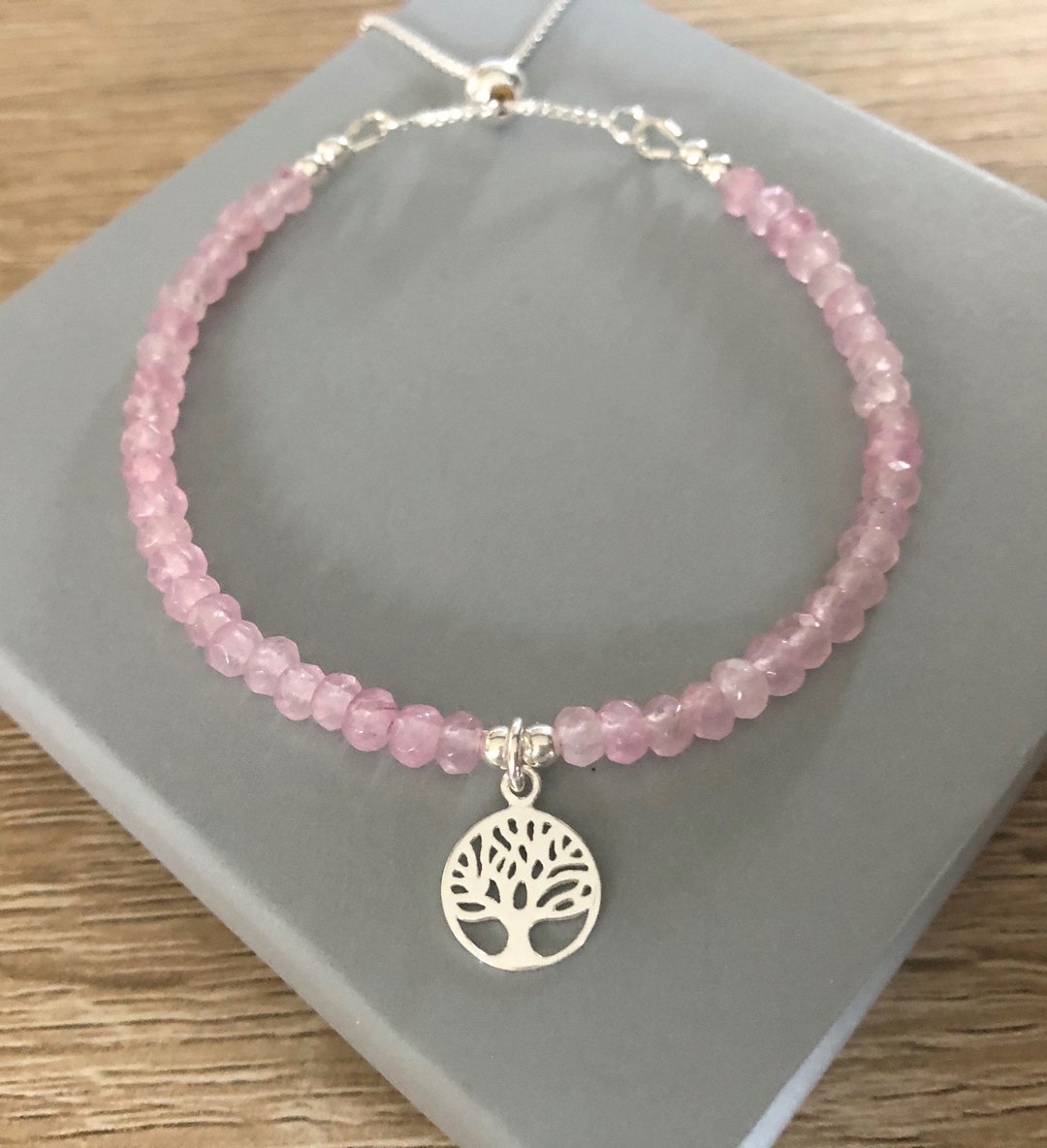 Rose Quartz Tree of Life Charm Bracelet, Sterling Silver Slider Clasp ...