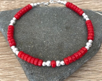 Red Coral Sterling Silver Bracelet, Red Stone Jewellery, Gift for Her, Stacking Bracelet,