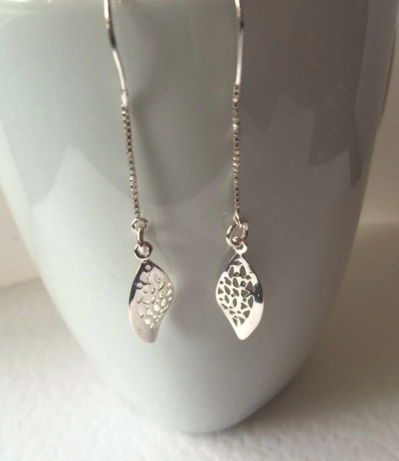 Chain Earrings Contemporary Jewellery Silver Jewelry Sterling Silver Threader Long Dangle Leaf Earrings Long Leaf Earrings