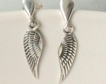 Sterling Silver Angel Wing Stud Earrings, Teardrop Post Dangle Earrings