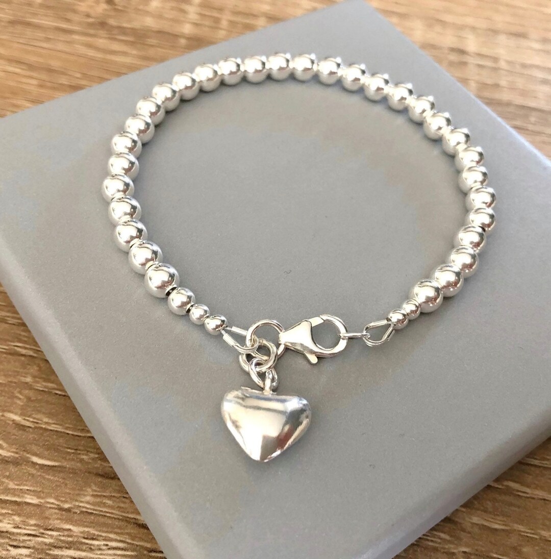 Sterling Silver Heart Charm Beaded Ball Bracelet 925 Silver Etsy UK