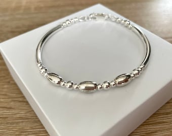 Sterling Silver Beaded Noodle Bangle Bracelet, 925 Silver Jewellery Gift