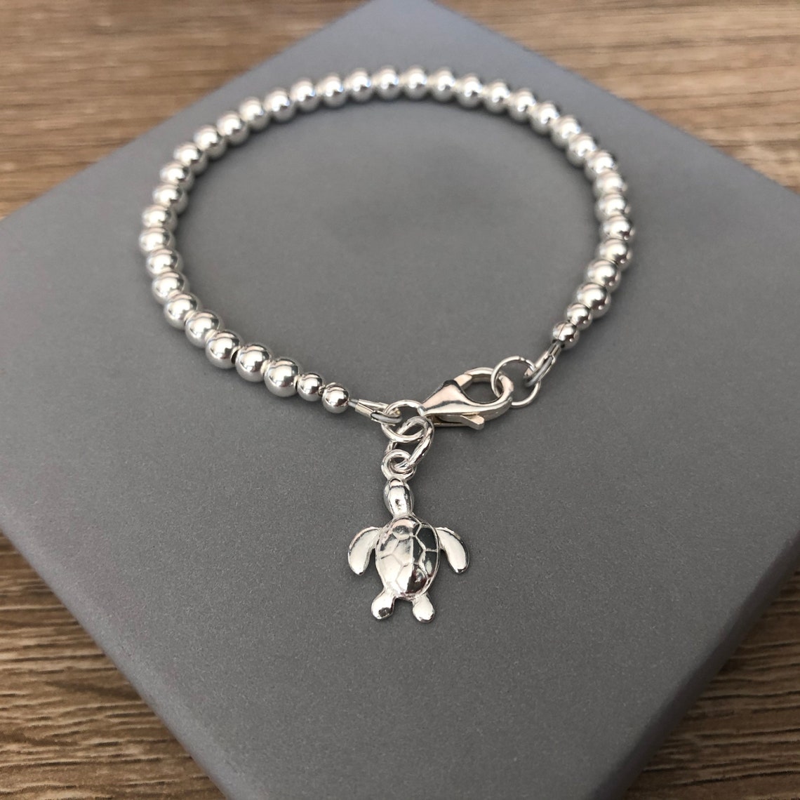 Sterling Silver Turtle Charm Bracelet Silver Beaded Ball Etsy