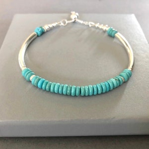 Turquoise Sterling Silver Noodle Bracelet, Adjustable Slider Clasp Beaded Bangle Bracelet,