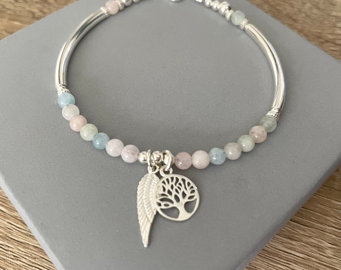Beryl Gemstone Charm Bracelet, Sterling Silver Tree of Life, Angel Wing Charm Bracelet