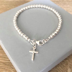 Sterling Silver Cross Charm Bracelet: Beaded Ball Bracelet, Jewelry Gift for Her image 4