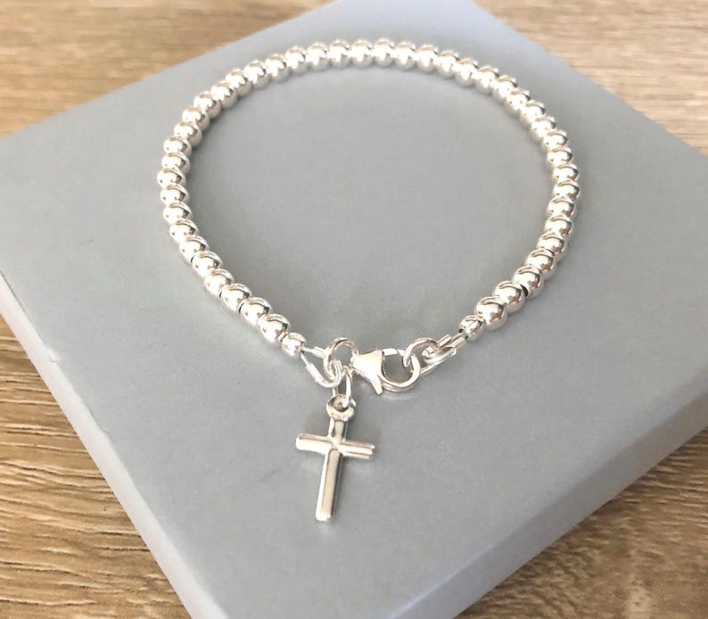 Sterling Silver Cross Charm Bracelet: Beaded Ball Bracelet, Jewelry Gift for Her image 4