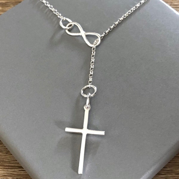 Sterling Silver Infinity Cross Necklace, 925 Silver Lariat Necklace, Modern Cross  Y Pendant,