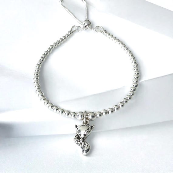 Sterling Silver Fox Charm Bracelet: Adjustable Beaded Animal
