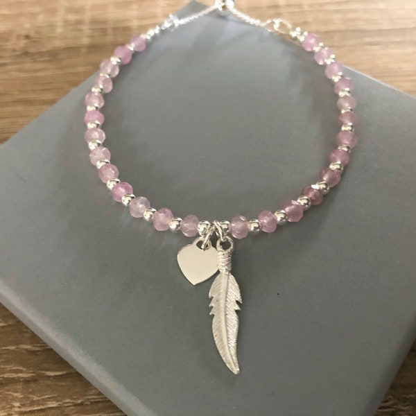 Rose Quartz Feather Heart Charm Bracelet, Sterling Silver Slider Clasp Bracelet