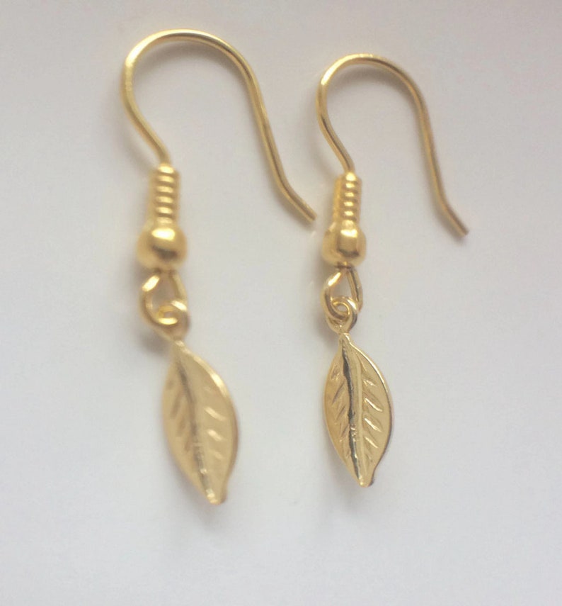 Minimalist Jewelry Gold Dangle Leaf Earrings Yellow Gold Plated over Sterling Silver Jewellery Gift