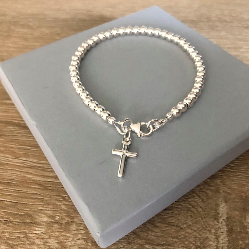 Sterling Silver Cross Charm Bracelet: Beaded Ball Bracelet, Jewelry Gift for Her image 10