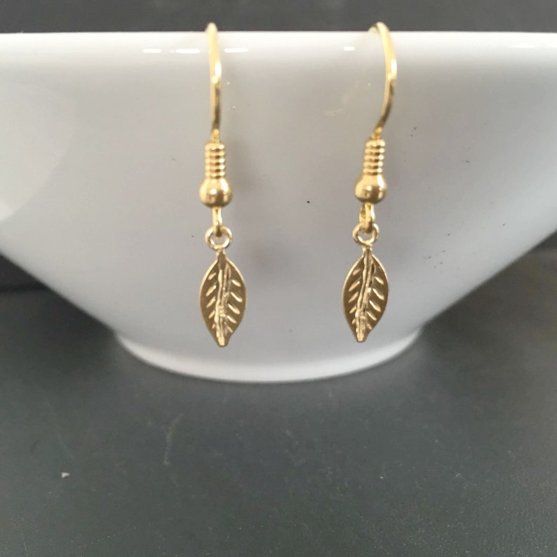 Minimalist Jewelry Gold Dangle Leaf Earrings Yellow Gold Plated over Sterling Silver Jewellery Gift