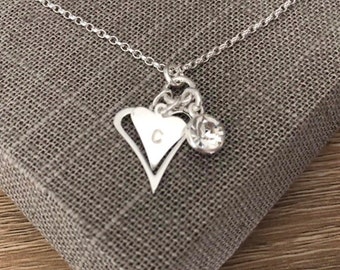 Sterling Silver Heart Charm Necklace, 925 Silver Cubic Zirconia Pendant,