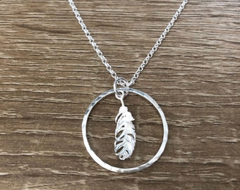 Sterling Silver Feather Circle Necklace