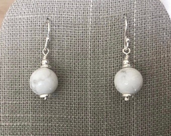 White Howlite Sterling Silver Earrings, Grey Marble Effect Stone, Jewellery Gift for Her, Wire Wrapped Jewelry, White Stone Earrings