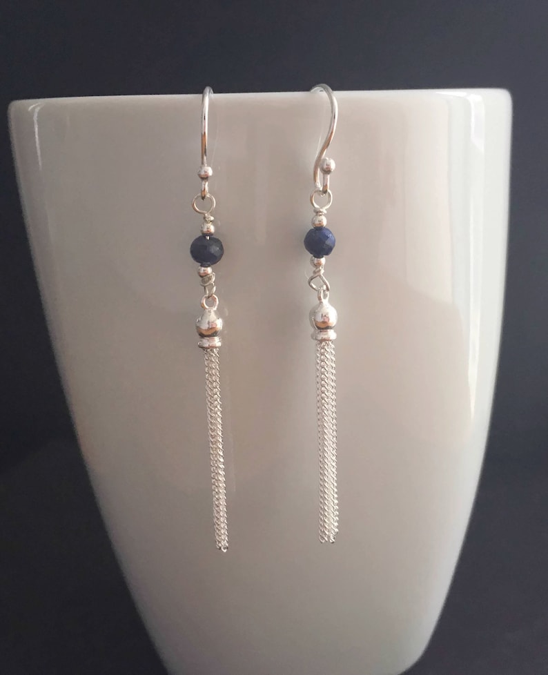 Blue Sapphire Sterling Silver Tassel Earrings September Birthstone Jewelry Sapphire Jewellery Gift 925 Silver Long Tassel Earrings